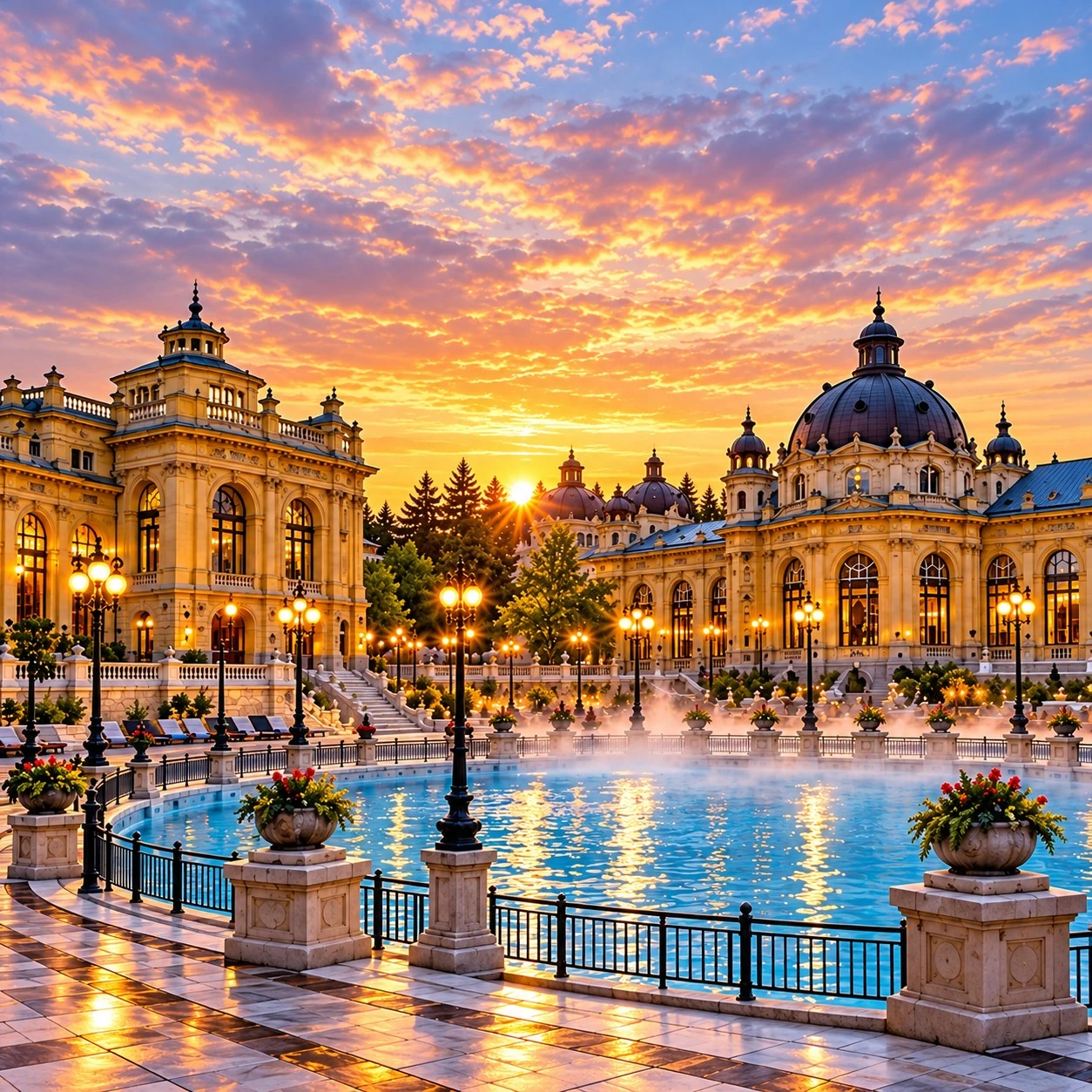 Architecture historique des thermes, avec ses colonnades classiques