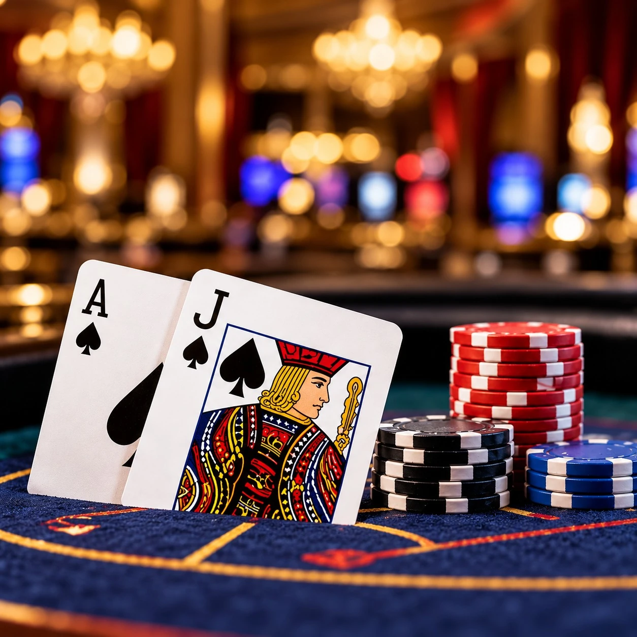 Des cartes à jouer impeccables et des jetons en céramique de forte valeur sur une table de casino