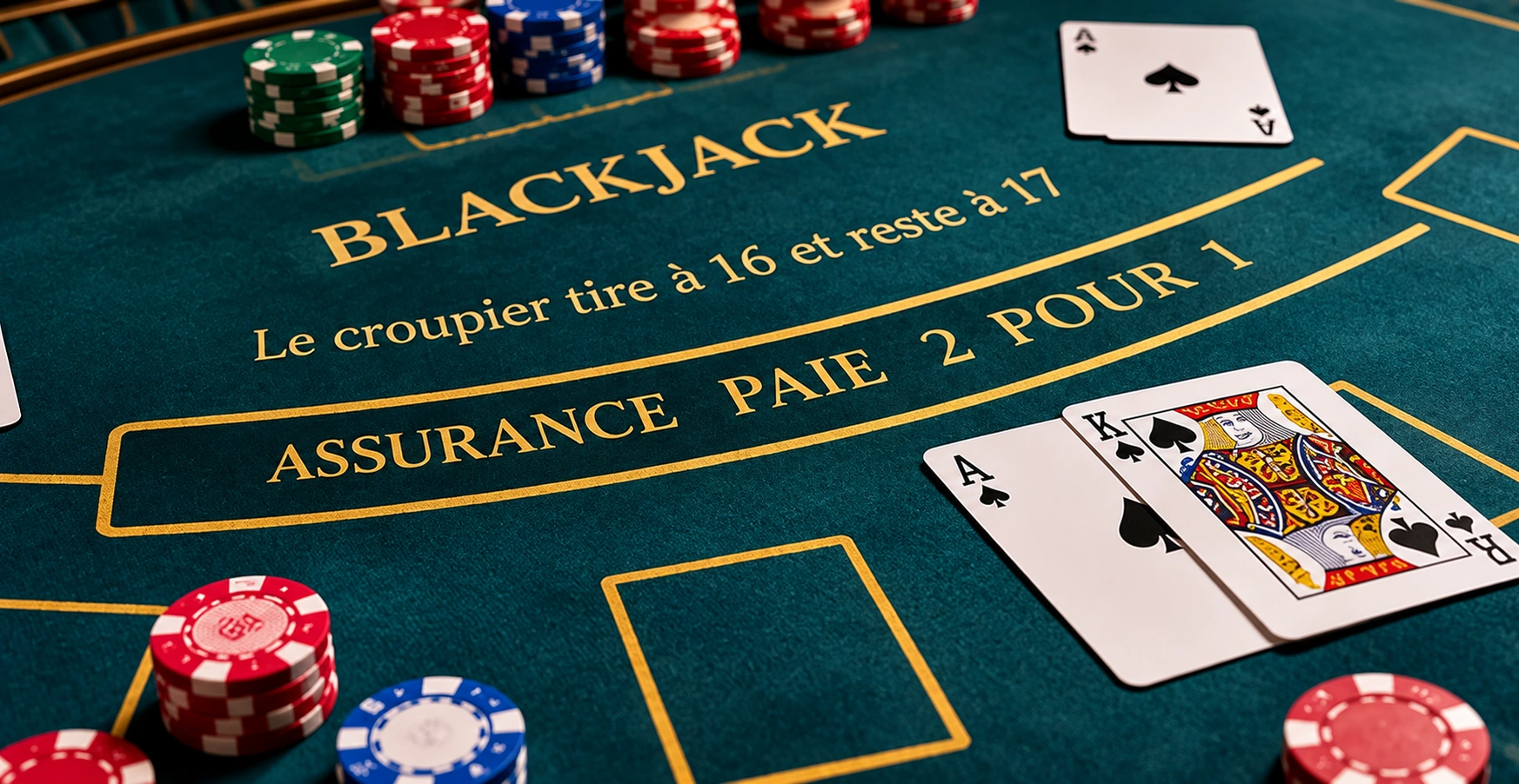 Table de blackjack avec tapis en feutre, jetons et sabot de distribution