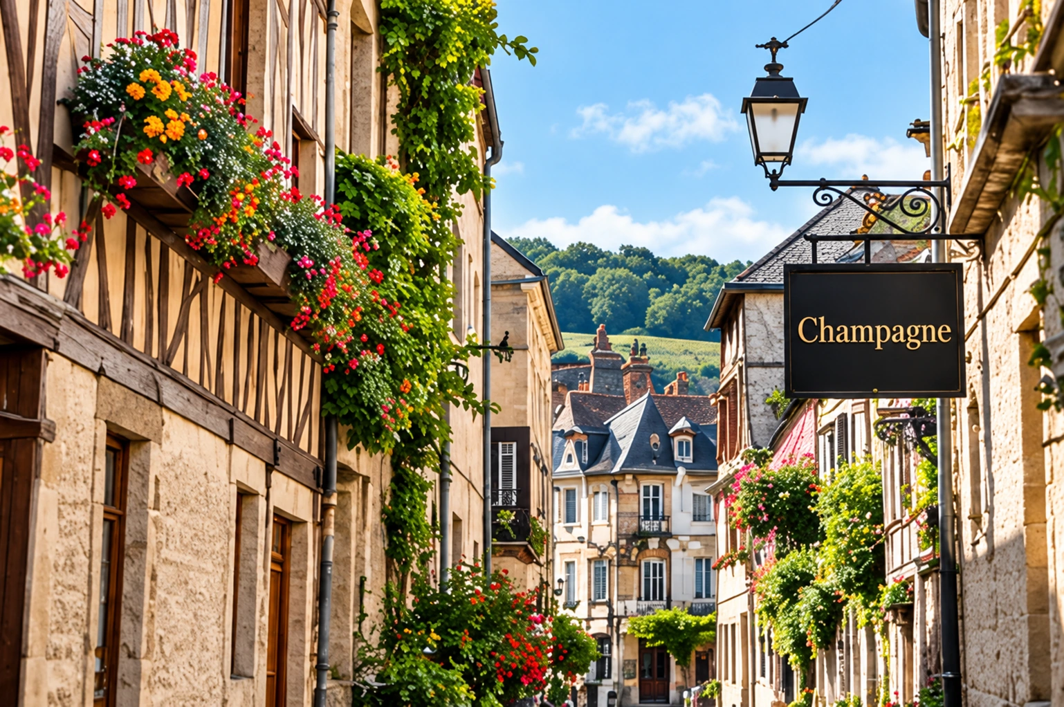 Charmante rue pavée d'un village à Hautvillers, en Champagne