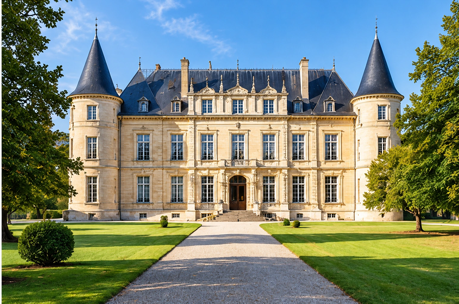 Château français classique au toit d'ardoise richement décoré, situé dans un vignoble bordelais