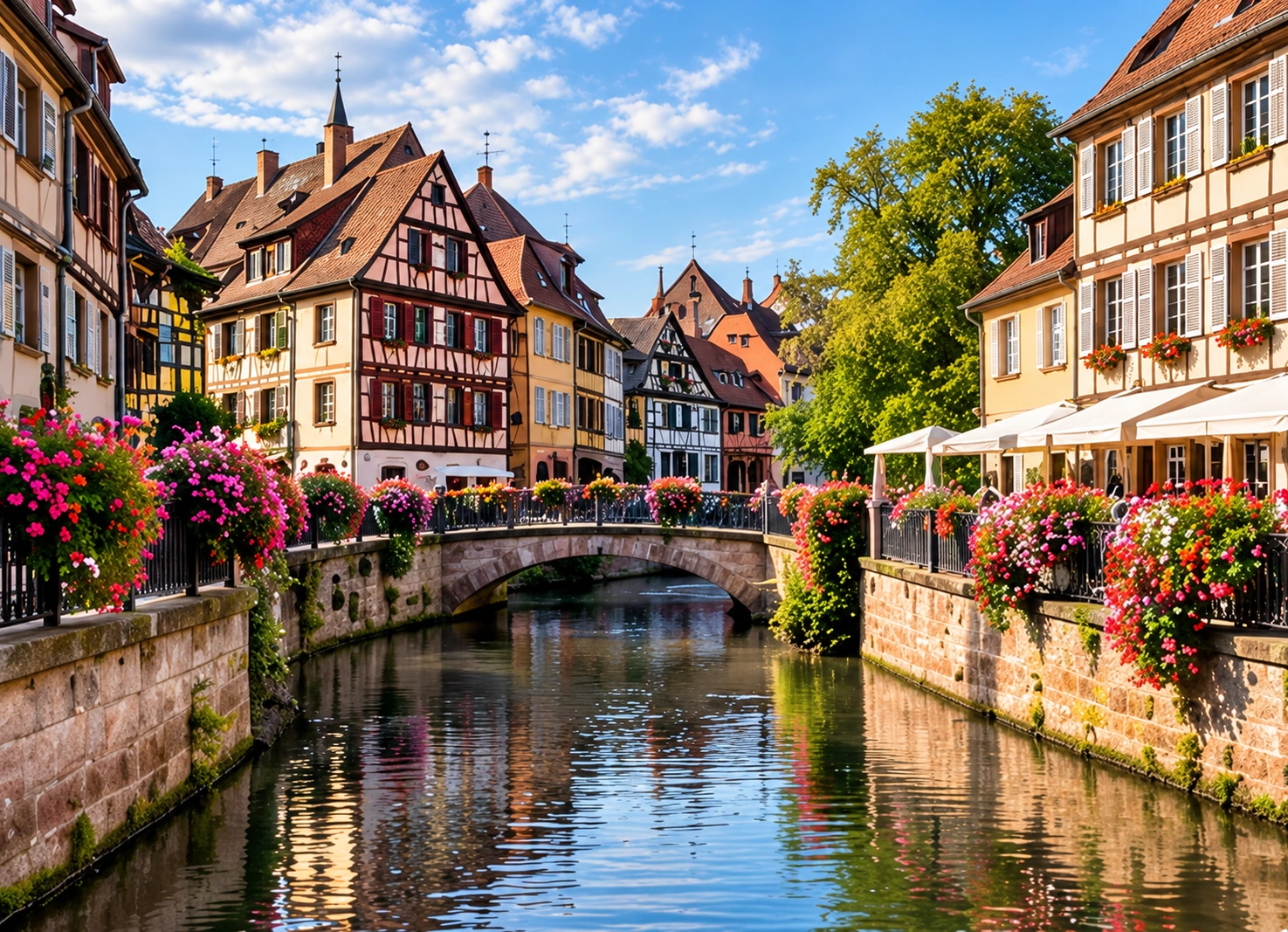 Maisons historiques à colombages le long du canal de la Petite Venise à Colmar