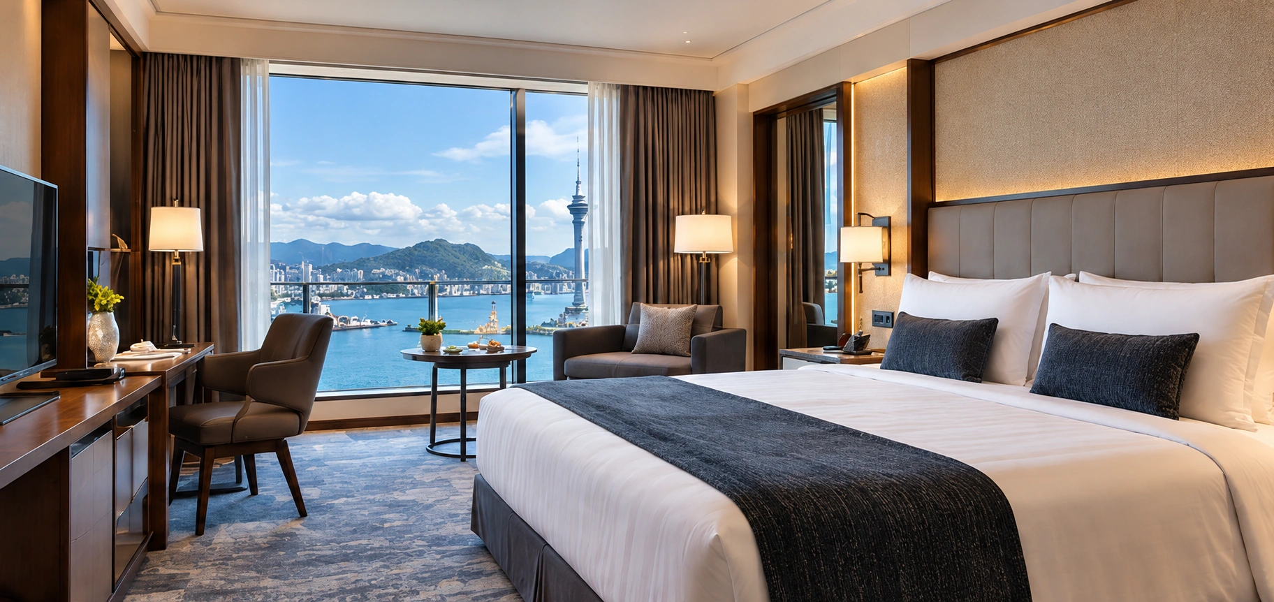 Suite luxueuse offrant une vue panoramique sur le port côtier