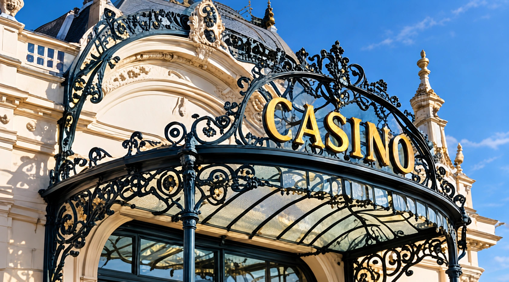 Une marquise en fer forgé ouvragée encadrant l'entrée d'un casino historique