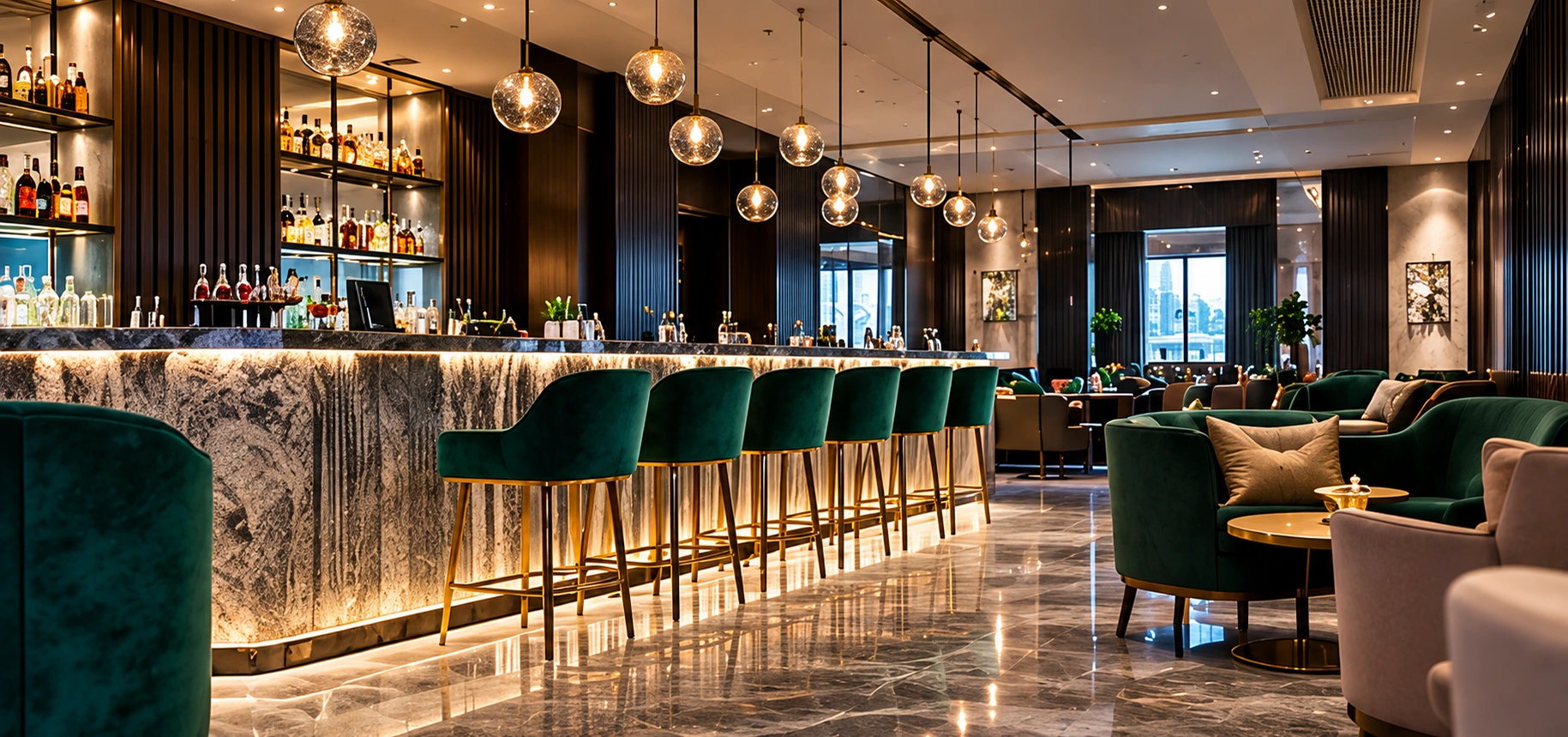 Espace de bar et de restauration aux matériaux chaleureux, dans un complexe hôtelier.