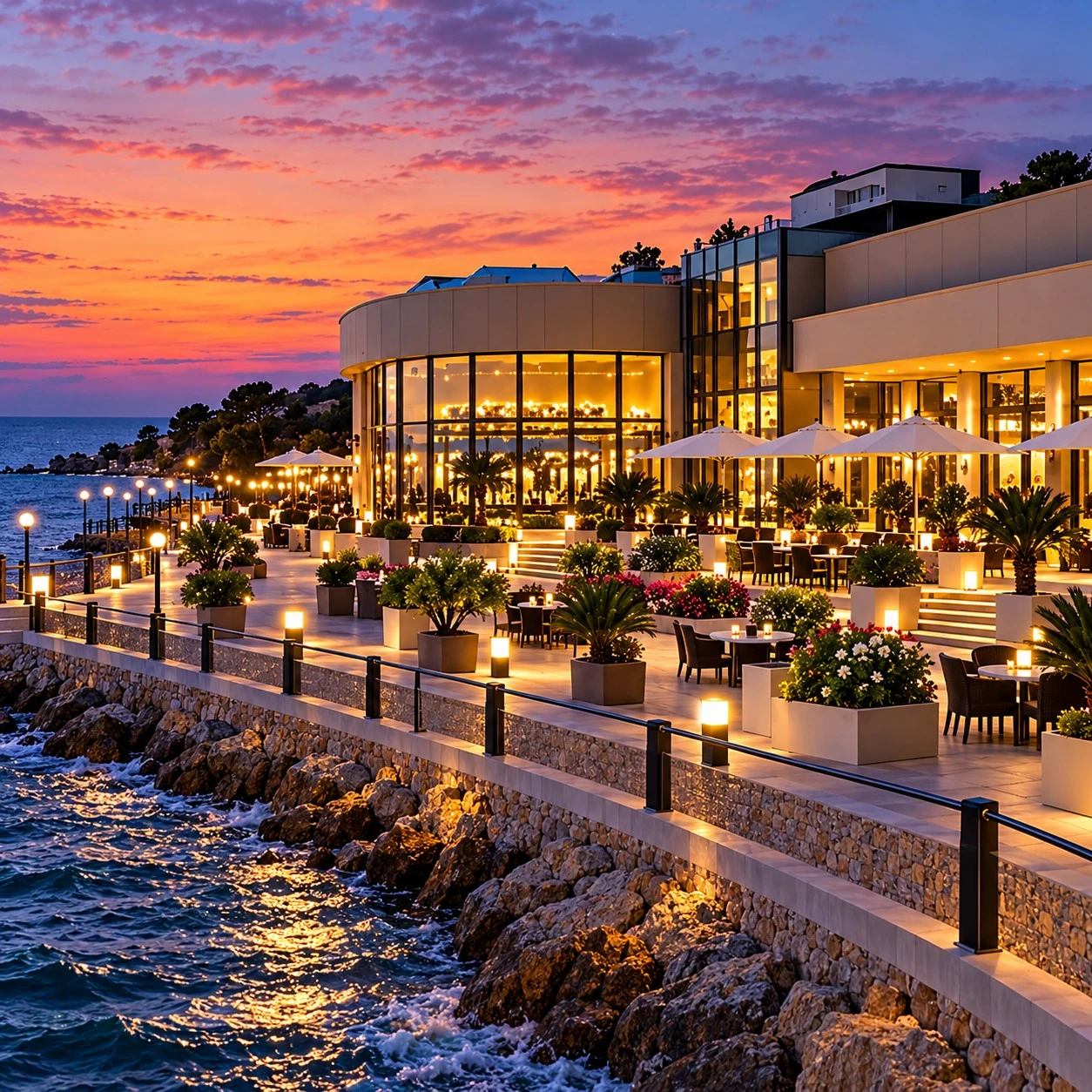 Une architecture contemporaine et épurée de casino-resort à la française, alliant verre et lumière